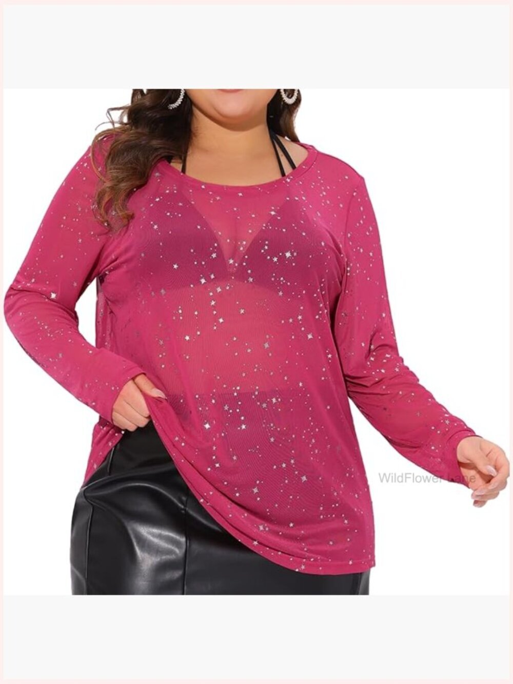 Plus Size Sheer Mesh Long Sleeve Crew Neck T-Shirt Club Party Blouse Top